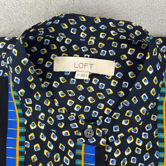 Ann Taylor LOFT Floral Paisley Boho Art Blue Multicolor Blouse Womens Tunic Top - Picture 3 of 11